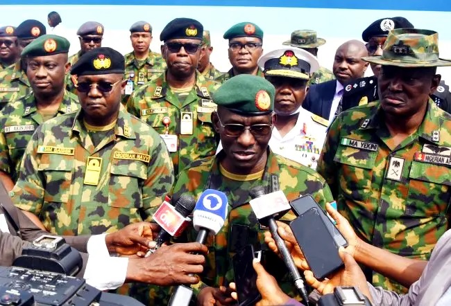 File photo: Chief of Defence Staff, Gen. Lucky Irabor (M), speaking to newsmen